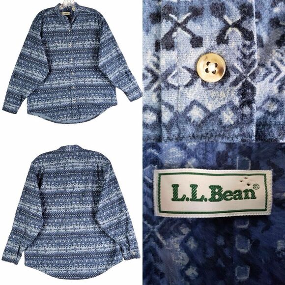 LL Bean Shirt Mens Flannel LS Button Down Large L Vintage Blue Geometric Aztec - Picture 1 of 9